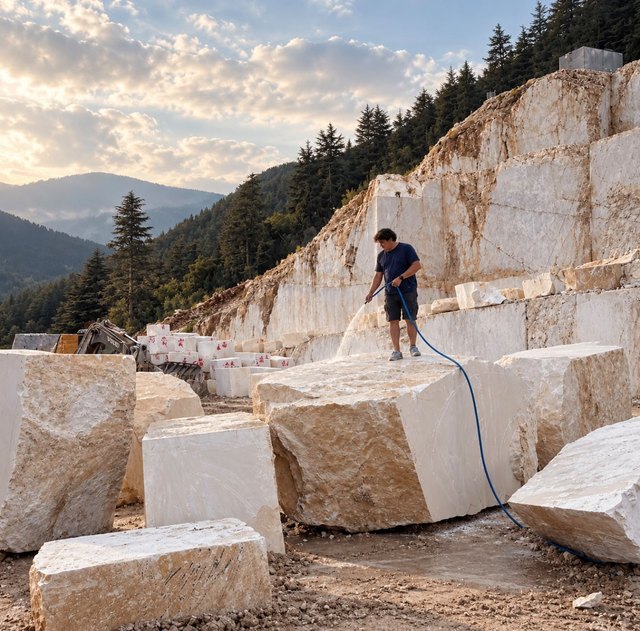 A large cream marble block being hosed down in a terraced quarry in Türkiye