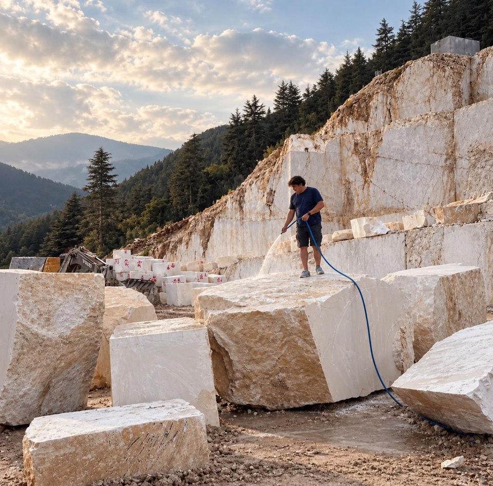 A man in a navy T-shirt hoses down a large cream marble block in a terraced quarry, with cut blocks, an excavator and pine-covered mountains behind.