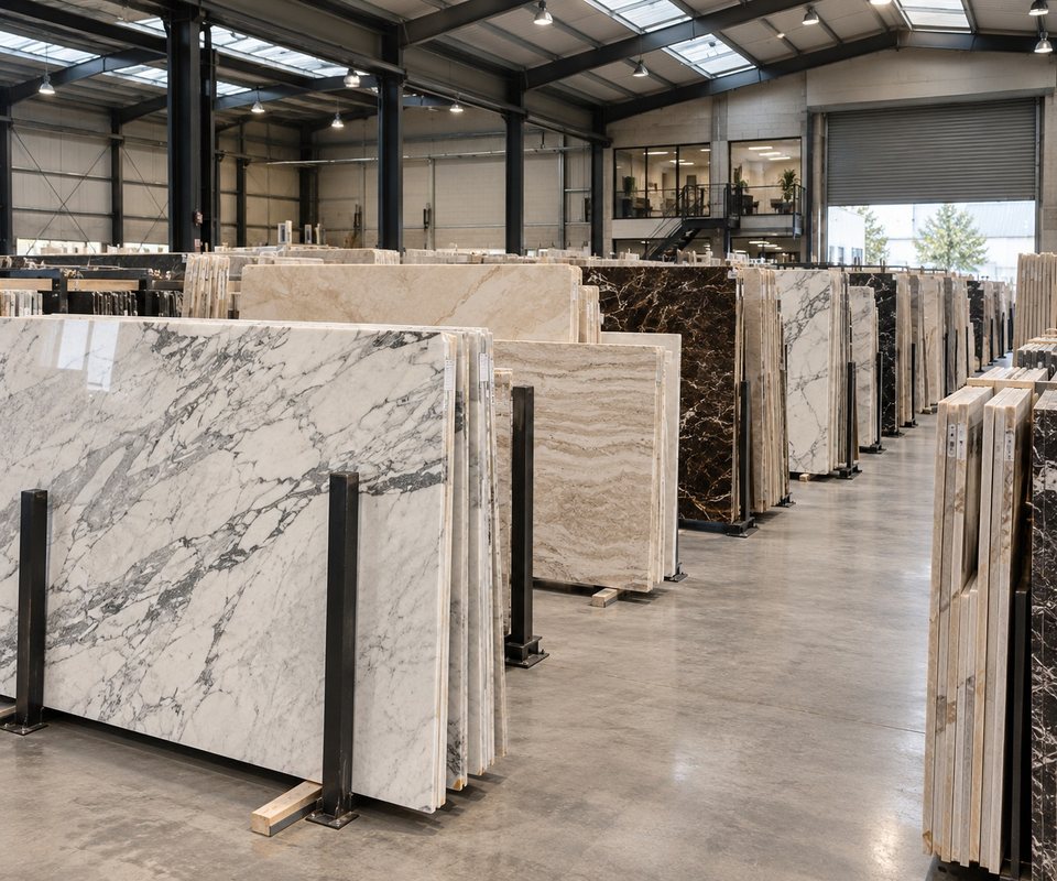 Rows of polished marble slabs standing on steel racks in a warehouse, white with grey veining in front, cream, travertine and dark brown slabs behind