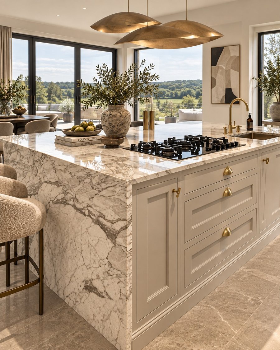 A kitchen island in white and grey veined marble, the worktop running down its end to the floor, under brass pendant lights, with olive branches in a stone vase and countryside beyond the windows.