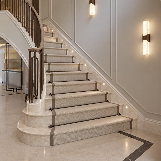 Curved staircase with cream marble steps, risers and flooring, a herringbone stair runner and a bronze balustrade