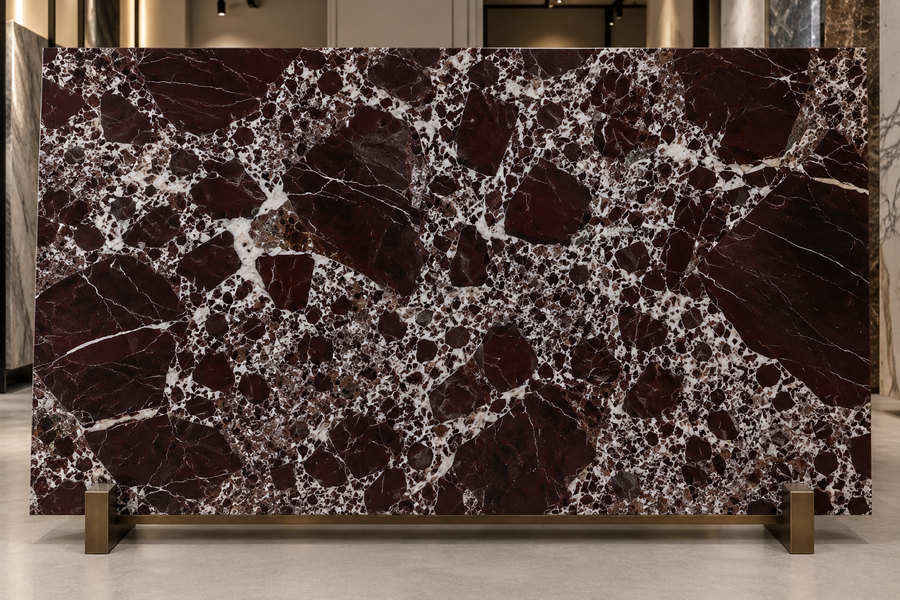 A slab of Rosso Levanto marble on a stand in a showroom