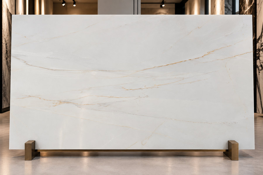 A slab of Thassos marble on a stand in a showroom