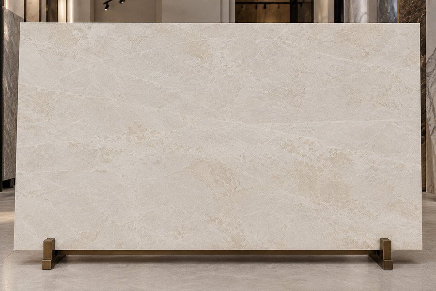 A slab of Bottacino marble on a stand in a showroom