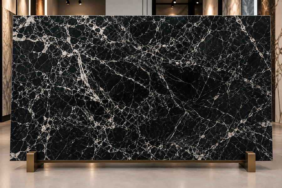 A slab of Deep Forest marble on a stand in a showroom