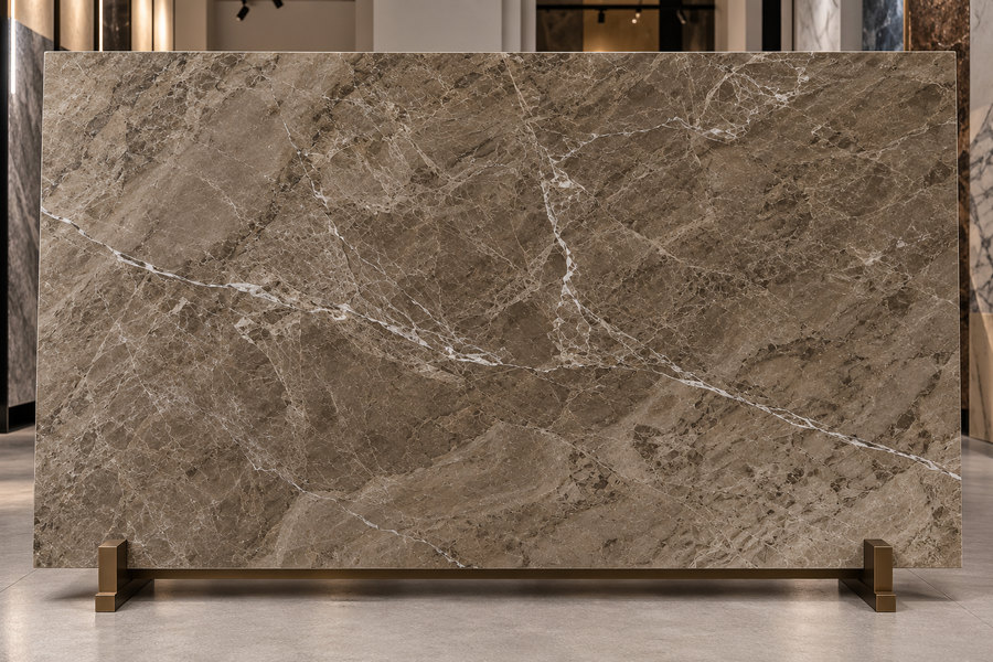 A slab of Bronze Emparador marble on a stand in a showroom