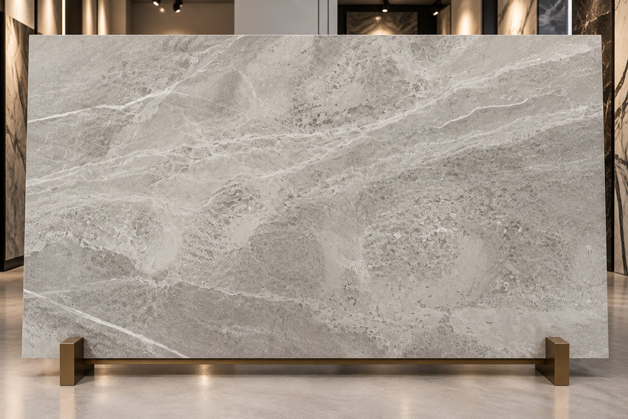 A slab of Silver Earth marble on a stand in a showroom