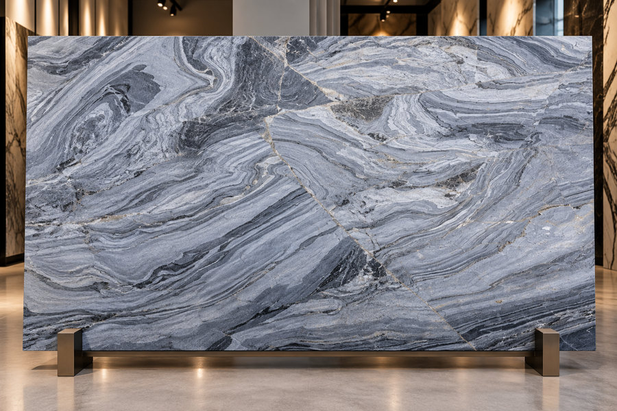 A slab of Silver River marble on a stand in a showroom