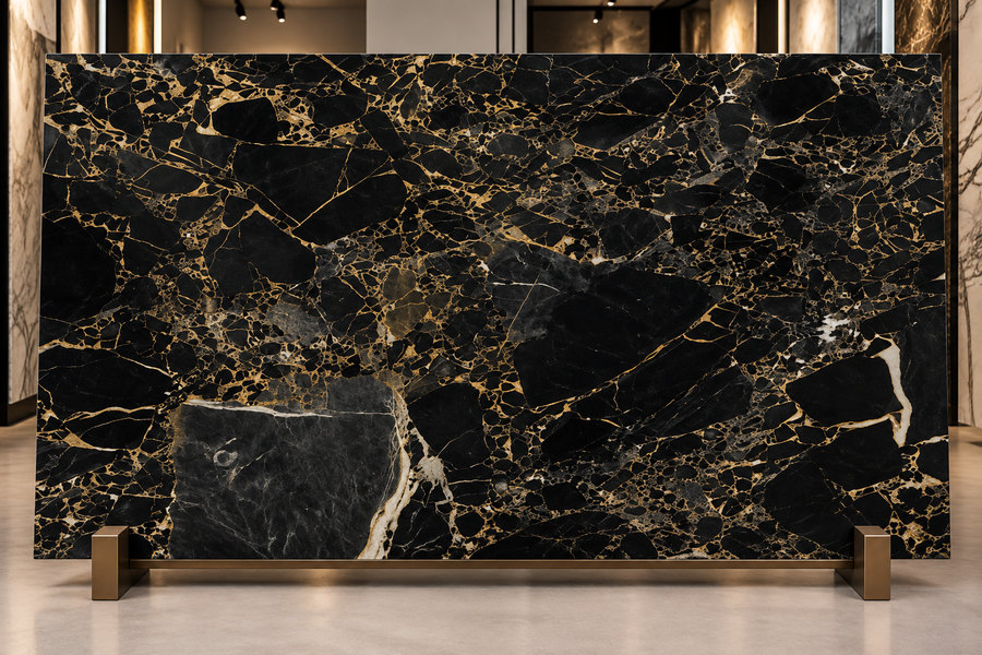 A slab of Gold in Black marble on a stand in a showroom
