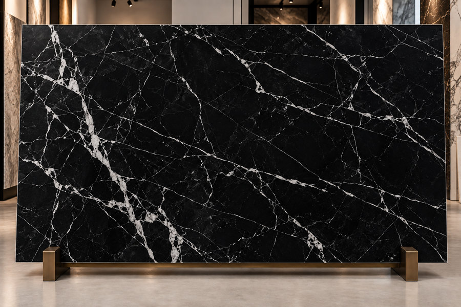 A slab of Nero Marquina marble on a stand in a showroom