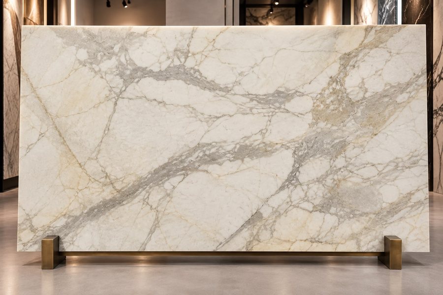 A slab of Calacatta Gold marble on a stand in a showroom