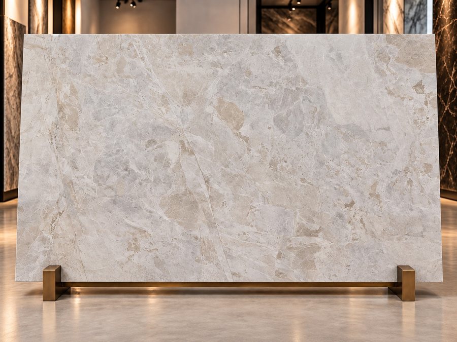 A slab of Vanilla Ivory marble on a stand in a showroom