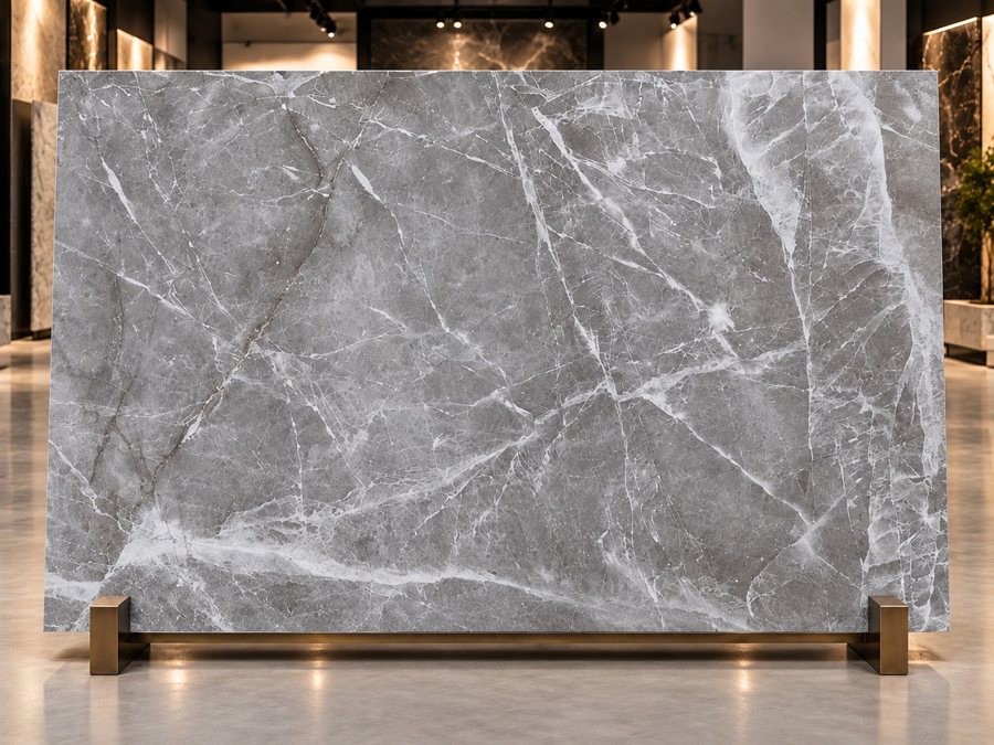 A slab of Silver Ash marble, grey with white veins, on a stand in a showroom